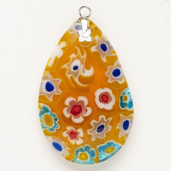 Focal 1pkg1 silver-finished steel and millefiori glass, translucent and transparent yellow and multicolored, 47x30mm-48x33mm puffed teardrop. image number 0