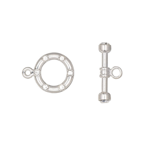 Clasp, toggle, Czech glass rhinestone and silver plate brass, clear, 12mm round. Sold per pkg of 2. image number 0
