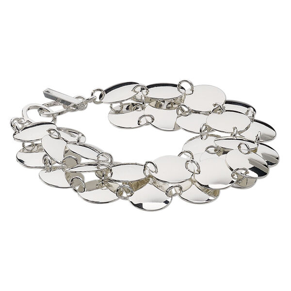 Bracelet, silver-plated steel and brass, 26mm wide with 13mm flat round, 7 inches with toggle clasp. Sold individually. image number 0