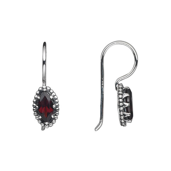 Earring, antiqued sterling silver and garnet (natural), 22x7mm marquise. Sold per pair. image number 0