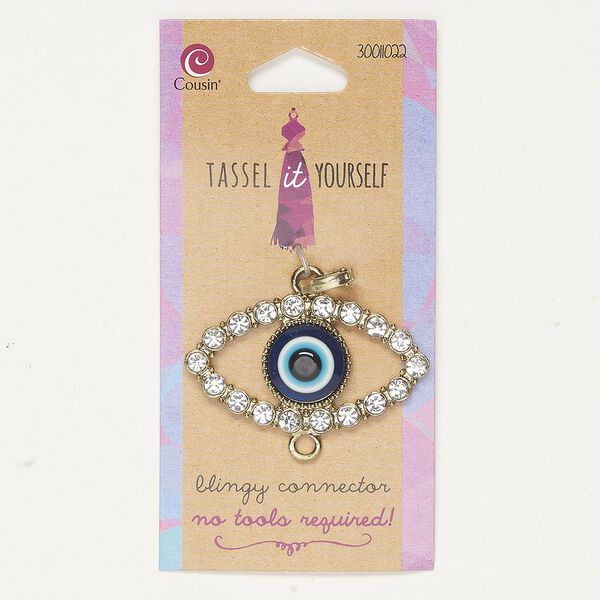 Focal 1pkg1, antique gold-finished brass / glass / acrylic, mixed colors, 45x26mm textured evil eye / hinged bail / bottom loop. image number 0