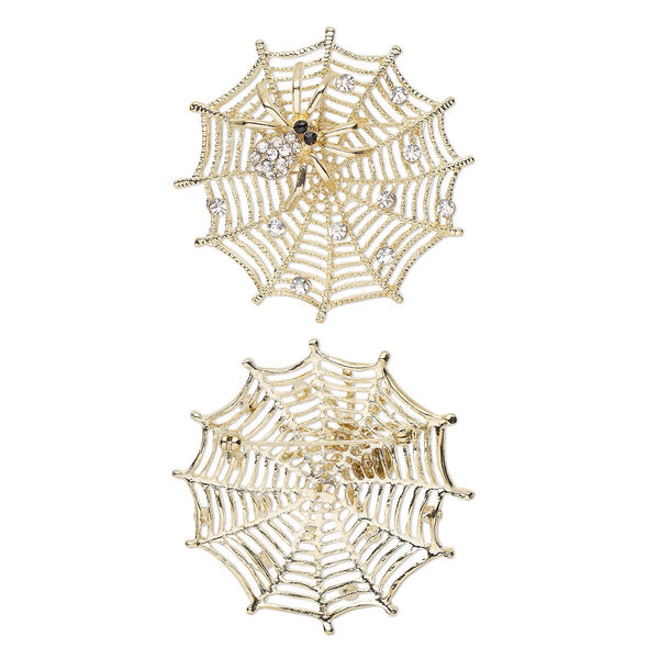 Brooch, glass rhinestone and gold-finished "pewter" (zinc-based alloy), clear and black, 58x58mm web with spider. Sold individually. image number 0