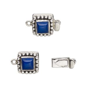 Clasp tab 1pkg1 sterling silver / lapis lazuli (natural), 11mm square / 6mm domed square cab, antiqued 1-strand