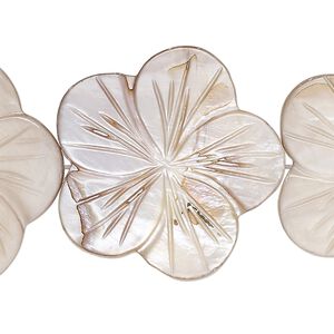 Bead, mother-of-pearl shell (dyed), beige, 28x27mm-30mm carved flat flower, 0.6-0.8mm hole, Mohs hardness 3-1/2. Sold per 15-inch strand.