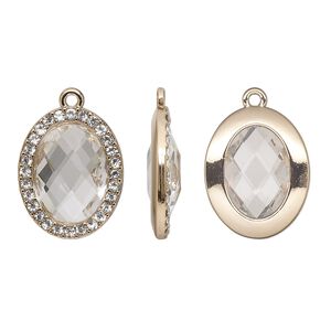 Drop, glass / glass rhinestone / gold-finished "pewter" (zinc-based alloy), transparent clear, 23.5x19mm single-sided oval. Sold per pkg of 2.