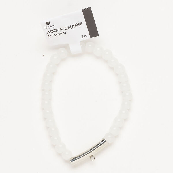 Bracelet, stretch, silver-finished brass and glass, white, 6mm round and 25x5m round tube with bottom loop, 6-1/2 inches. Sold individually. image number 0