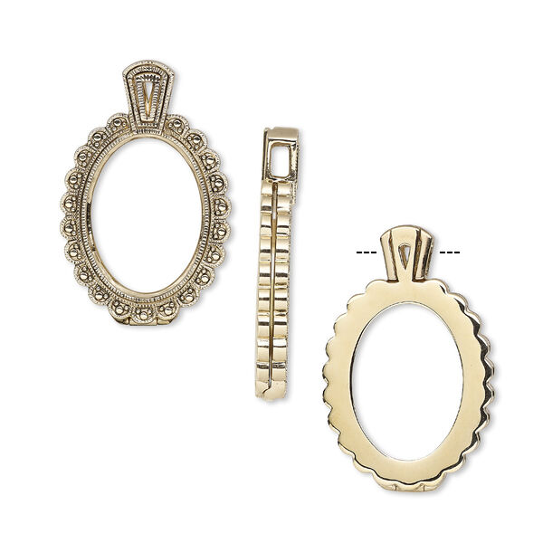 Pendant, Almost Instant Jewelry®, antique gold-finished brass and rubber, 45x28.5mm single-sided hinged scalloped oval with 30x22mm oval setting. Sold individually. image number 0