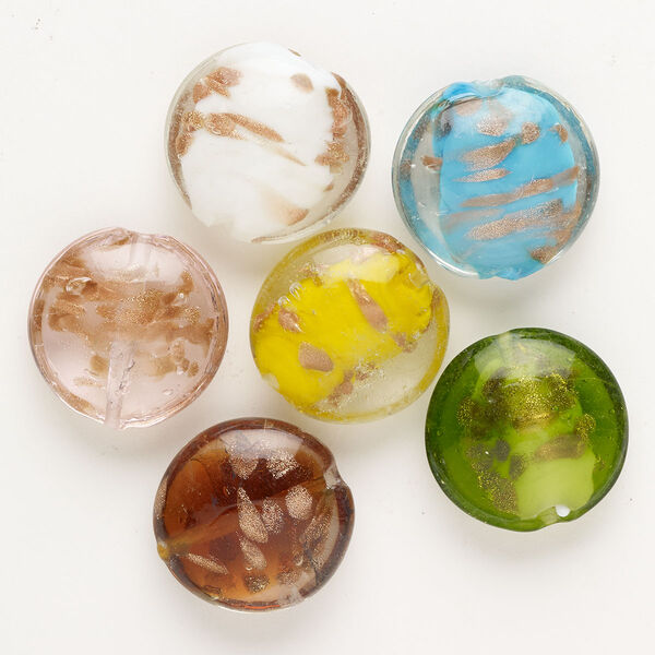 Bead, lampworked glass, opaque and translucent multicolored with copper-colored glitter, 24-29mm puffed flat round. Sold per pkg of 6. image number 0