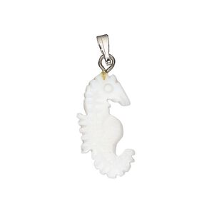 Pendant, mother-of-pearl shell (bleached) / antique silver-finished "pewter" (zinc-based alloy) / steel, 20x10mm-22x12mm single-sided carved seahorse. Sold individually.