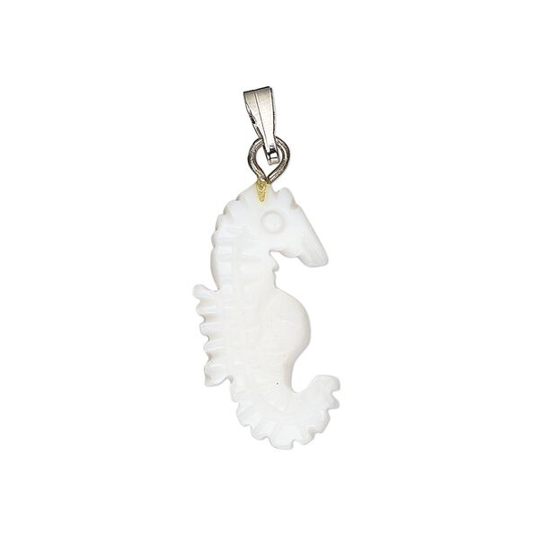 Pendant, mother-of-pearl shell (bleached) / antique silver-finished "pewter" (zinc-based alloy) / steel, 20x10mm-22x12mm single-sided carved seahorse. Sold individually. image number 0