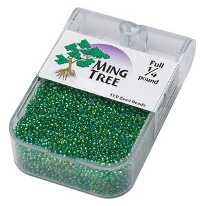 Seed bead, Ming Tree™, glass, pkg/1/4 pound, #11 round, translucent rainbow green.