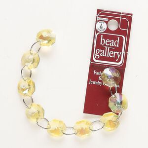 Link, steel and glass, translucent yellow AB, 14mm faceted hexagon with jump ring. Sold per pkg of 9.