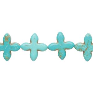 Bead, "howlite" (resin) (imitation), aqua blue, 14-15mm flat cross. Sold per 15-inch strand.