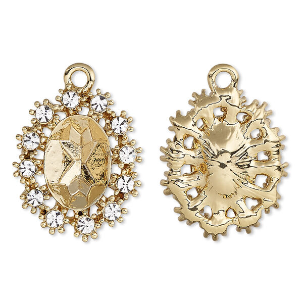 Drop, Almost Instant Jewelry®, crystals and gold-finished "pewter" (zinc-based alloy), crystal clear, 23x19mm single-sided oval with 14x10mm oval setting. Sold individually. image number 0