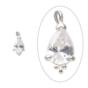 Drop, sterling silver and cubic zirconia, clear, 8x5mm pear. Sold individually.