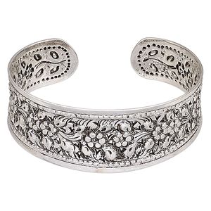 Bracelet, Hill Tribes, cuff, antique silver-plated brass, 24mm wide with flower design, adjustable. Sold individually.