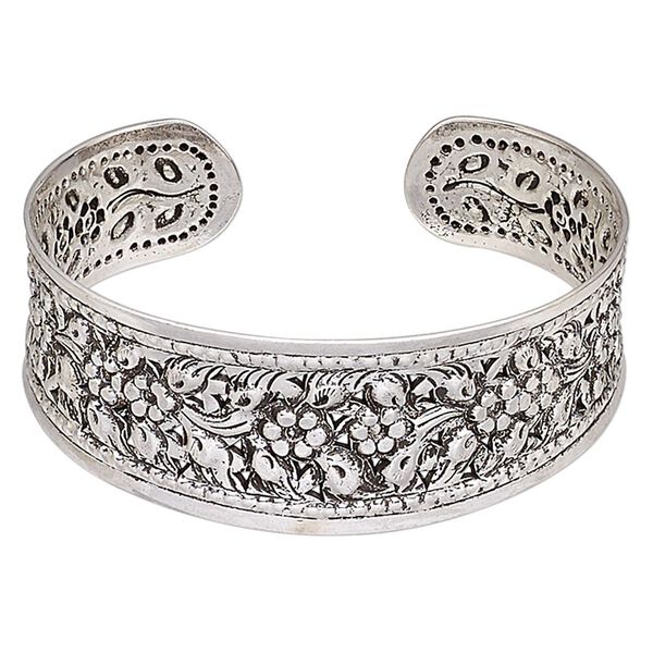 Bracelet, Hill Tribes, cuff, antique silver-plated brass, 24mm wide with flower design, adjustable. Sold individually. image number 0