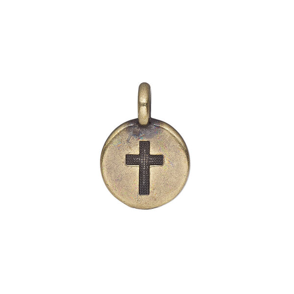 Drop, TierraCast®, antique brass-plated pewter (tin-based alloy), 11.5mm single-sided round with cross. Sold per pkg of 2. image number 0