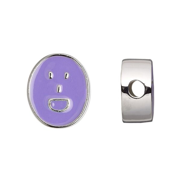 Bead, Dione®, silver-finished "pewter" (zinc-based alloy) and enamel, light purple, 18x16mm double-sided flat oval with laughing emoticon face, 4mm hole. Sold individually. image number 0