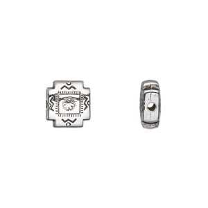 Bead, antiqued silver-finished copper-coated plastic, 10x10mm double-sided fancy flat square. Sold per 50-gram pkg, approximately 120 beads.