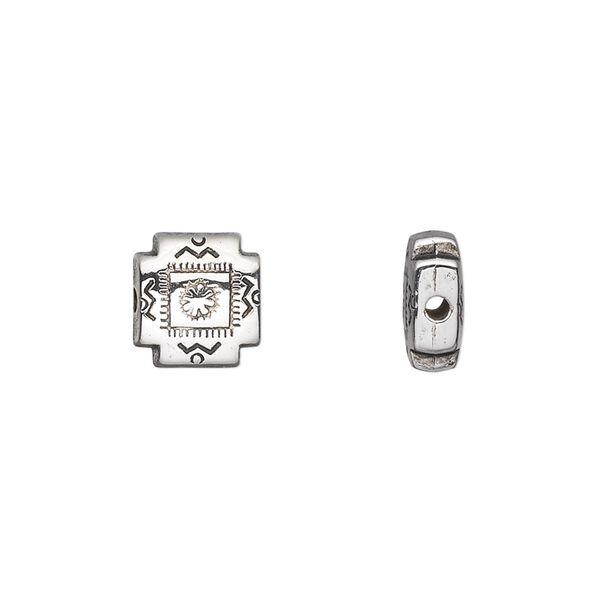 Bead, antiqued silver-finished copper-coated plastic, 10x10mm double-sided fancy flat square. Sold per 50-gram pkg, approximately 120 beads. image number 0