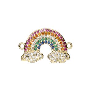Link, cubic zirconia and gold-finished brass, multicolored, 20x14mm single-sided rainbow. Sold individually.