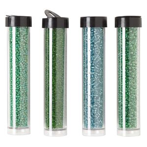Seed bead assortment, Ming Tree™, glass, pkg/(4) 4 x 3/4 inch vials, #11 round, opaque and transparent silver-lined rainbow teal and green.