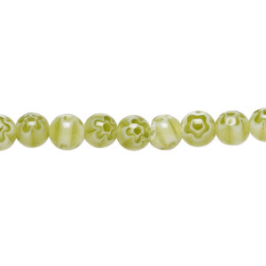 Bead, millefiori glass 1pkg1, translucent olive green and white, 6mm round, 15 inches.