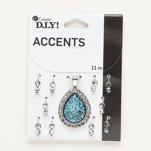 Pendant and drop assortment, silver-finished "pewter" (zinc-based alloy) and steel, blue-grey with glitter, (1) 30x25mm faceted teardrop and (10) 4mm faceted round. Sold per pkg of 11.