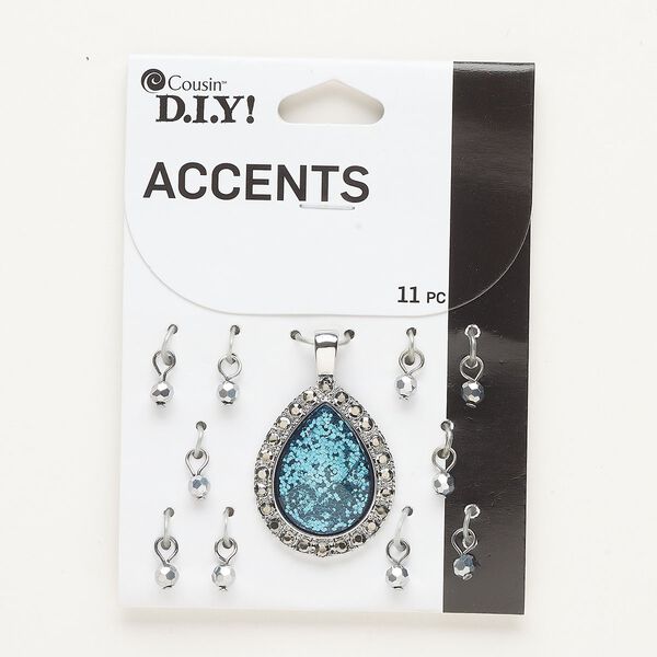 Pendant and drop assortment, silver-finished "pewter" (zinc-based alloy) and steel, blue-grey with glitter, (1) 30x25mm faceted teardrop and (10) 4mm faceted round. Sold per pkg of 11. image number 0