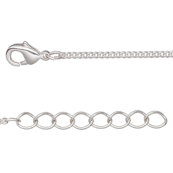 Chain, silver-plated brass, 1.5mm curb, 36 inches with 1-1/4 inch extender chain and lobster claw clasp. Sold per pkg of 2. image number 0