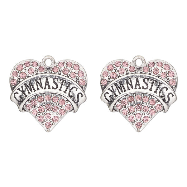 Charm, antique silver-finished "pewter" (zinc-based alloy) and glass, pink, 25x23mm single-sided heart with "gymnastics". Sold per pkg of 2. image number 0