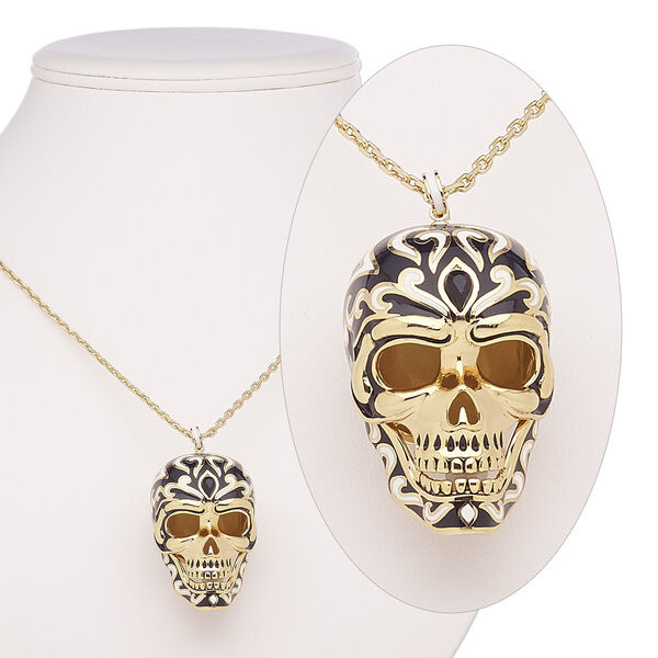 Necklace, Avant-Garde Jewelry Collection, enamel / glass rhinestone / gold-plated brass, white and black, 45x29mm skull with hinged jaw, 24 inches with 2-inch extender chain and lobster claw clasp. Sold individually. image number 0