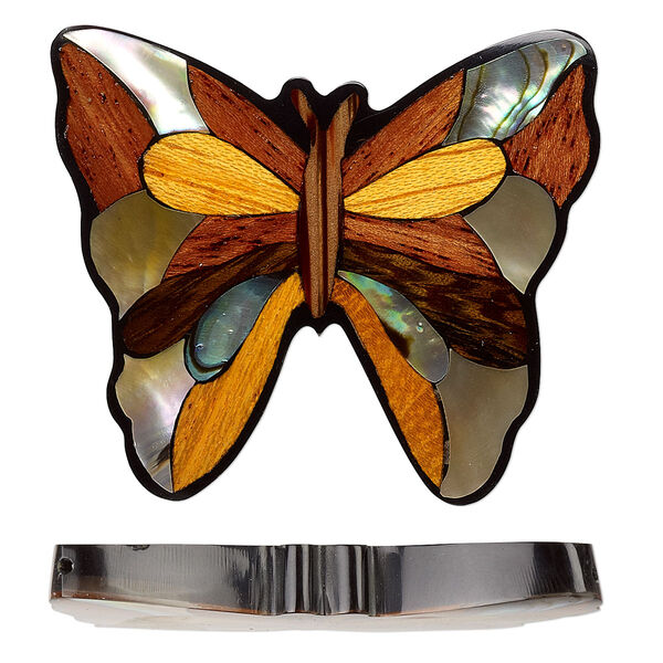 Focal, multi-wood / multi-shell / resin (dyed / assembled), multicolored, 44x40 single-sided butterfly. Sold individually. image number 0