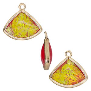 Drop, Opalized Ice™, "opal" (resin) and gold-finished brass, orange, 19x15mm double-sided fan. Sold per pkg of 4.