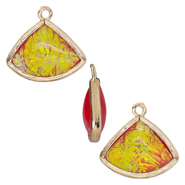 Drop, Opalized Ice™, "opal" (resin) and gold-finished brass, orange, 19x15mm double-sided fan. Sold per pkg of 4. image number 0