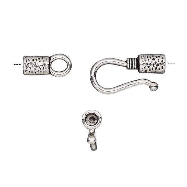Clasp, hook-and-eye, antique silver-finished "pewter" (zinc-based alloy), 27x9mm with glue-in ends and hammered tube with rope design, 2.5mm inside diameter. Sold per pkg of 10. image number 0