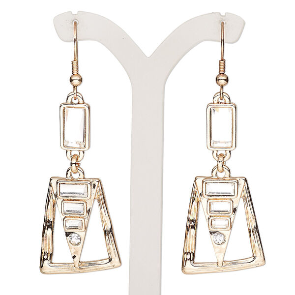 Earring, glass / glass rhinestone / rose gold-finished brass / steel / "pewter" (zinc-based alloy), clear, 2-1/2 inches with trapezoid and fishhook ear wire. Sold per pair. image number 0