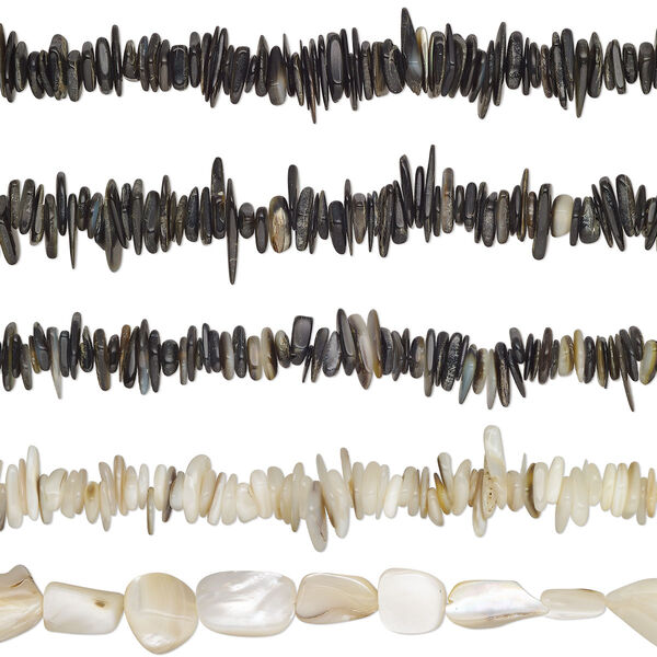 Bead mix, black lip shell / brown lip shell / gold lip shell / mother-of-pearl shell (natural), extra-large chip and mini to medium nugget, Mohs hardness 3-1/2. Sold per (5) 15" to 16" strands. image number 0