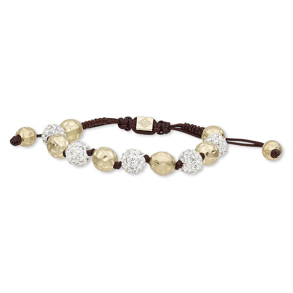 Bracelet, glass rhinestone / nylon / polymer clay / gold-finished "pewter" (zinc-based alloy), dark brown / white / clear, 10mm round and 10mm matte hammered round, adjustable from 6 to 8-1/2 inches with macramé knot closure. Sold individually. image number 0