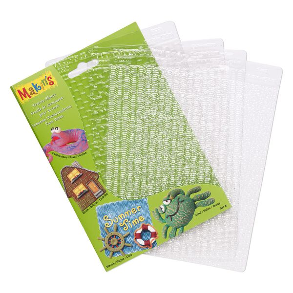 Texture plate, Makin's®, plastic, clear, 6-1/4 x 4-1/2 inch textured rectangle with stones / wave / sand patterns. Sold per 4-piece set. image number 0