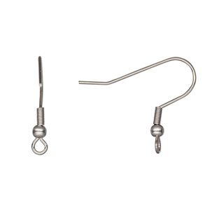 Ear wire fishhook 1pkg10, 21mm / 3mm ball / 4x1.5mm coil / perpendicular open loop, 21 gauge stainless steel 5 pair