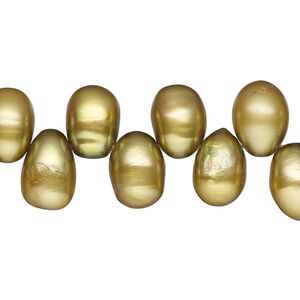 Pearl, cultured freshwater pearl (dyed), golden pear, 10x7mm-12x8mm top-drilled teardrop , C- grade, Mohs hardness 2-1/2 to 4. Sold per 15" strand, approximately 65 beads.