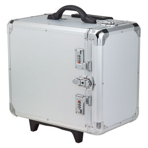 Jewelry case, aluminum / steel / plastic / polyester / VELCRO&reg;, grey and black, 17-1/2 x 16 x 11 inches with diamond pattern and wheels. Sold individually.