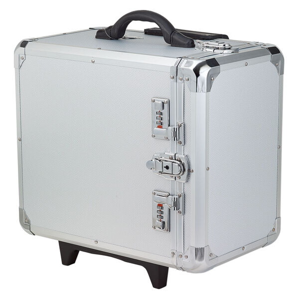 Jewelry case, aluminum / steel / plastic / polyester / VELCRO&reg;, grey and black, 17-1/2 x 16 x 11 inches with diamond pattern and wheels. Sold individually. image number 0