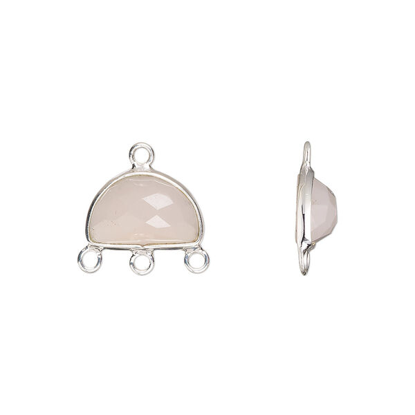 Drop, sterling silver and pink chalcedony (dyed), 13x9mm hand-cut single-sided faceted half moon with 3 closed loops, Mohs hardness 6-1/2 to 7. Sold individually. image number 0