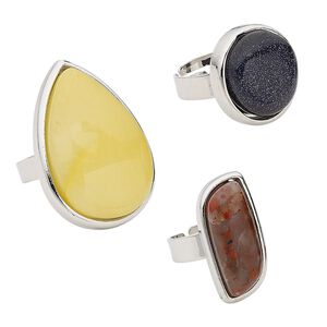 Ring mix, multi-gemstone (natural / dyed / imitation) / glass / silver-finished steel / "pewter" (zinc-based alloy), mixed colors, 13mm-34x27mm mixed shape, adjustable from size 5-9. Sold per pkg of 3.