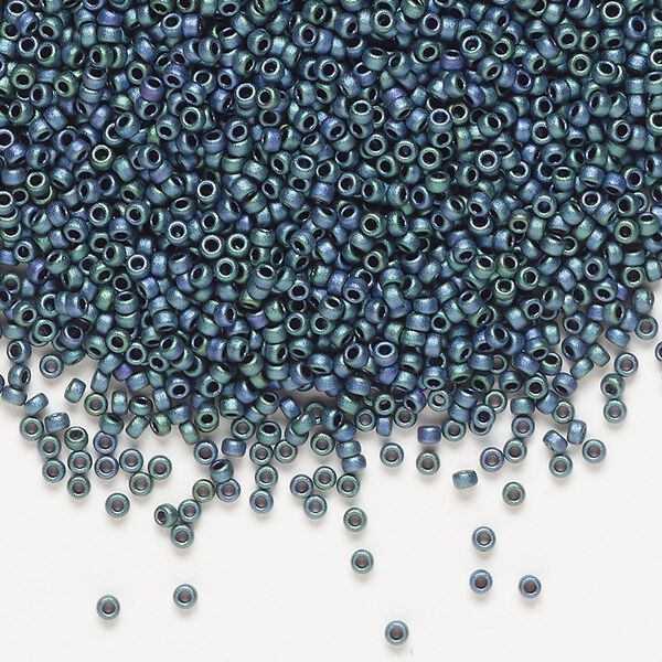 Seed bead, Miyuki, glass, pkg/250g, #15 rocaille, opaque matte metallic iris blue green (RR-2064). image number 0