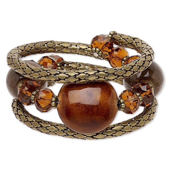 Bracelet, glass / porcelain / steel memory wire / antique brass-plated steel, honey and brown, 39mm wide with flat round, adjustable from 7-9 inches. Sold individually. image number 0