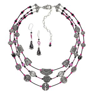 Necklace and earring set, One of a Kind Jewelry, sterling silver / silver-plated brass and pewter (tin-based alloy) / glass, jet and hot pinks, 19-1/2 inch necklace. Only one available.